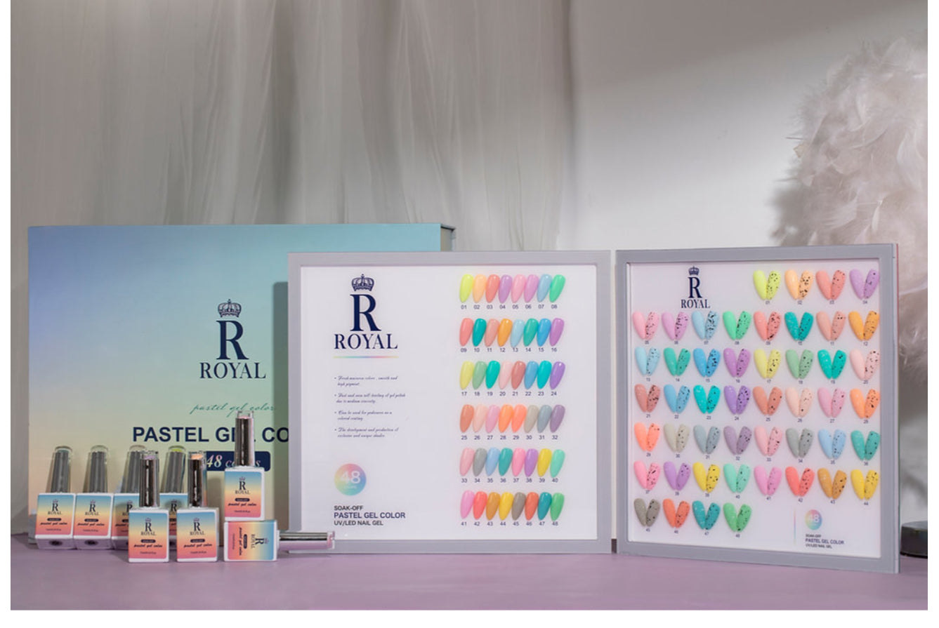 ROYAL PASTEL GEL COLOR 48 COLORS + 1 set egg shell top coat white &black
